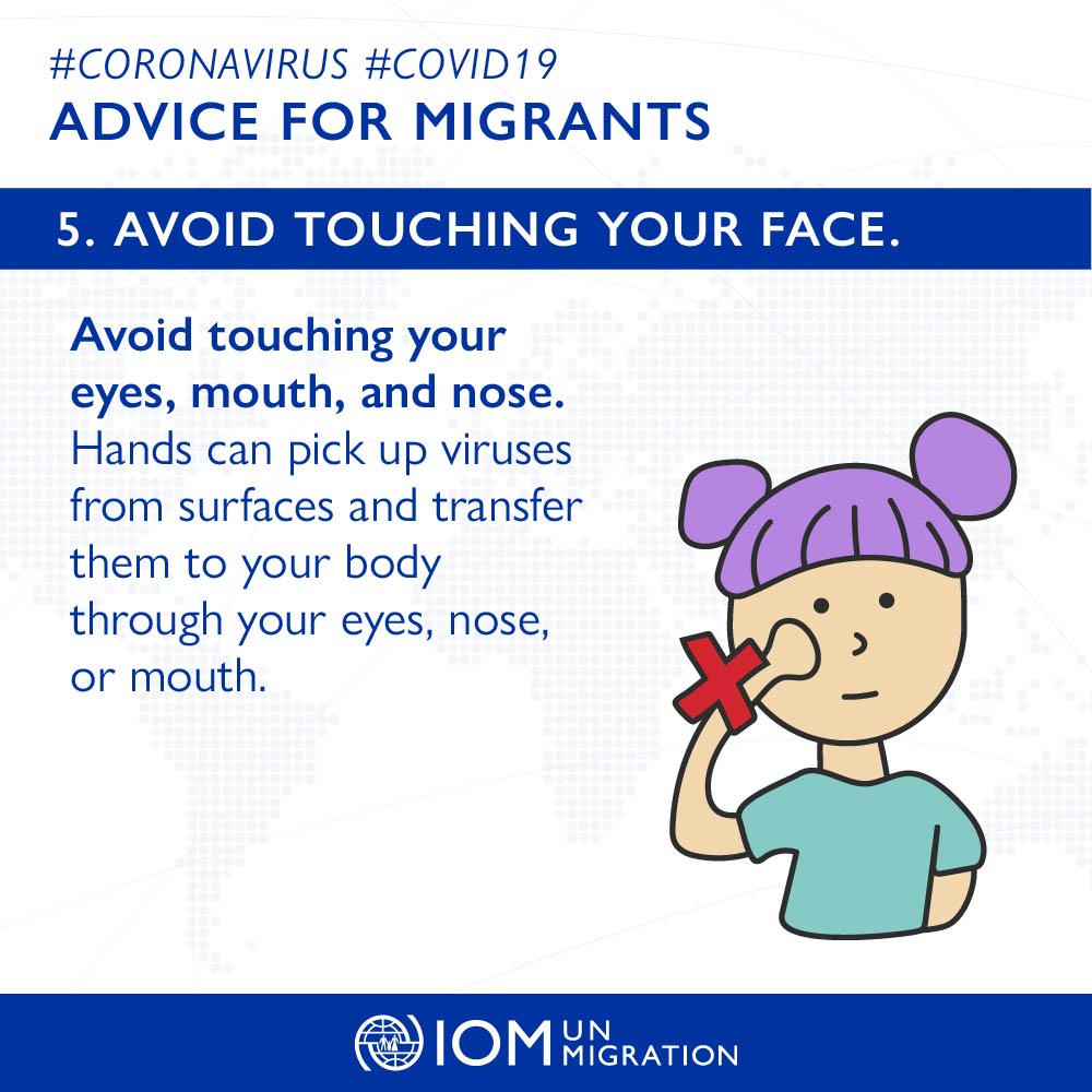 IOM_Caribbean's tweet photo. 😷 Migrants, like everyone, can stay safe during #COVID19 #coronavirus by following public health advice

Our tips and tricks can help you stay safe!

Tip #5 - Avoid touching your face https://t.co/9Ua1YO6mwL