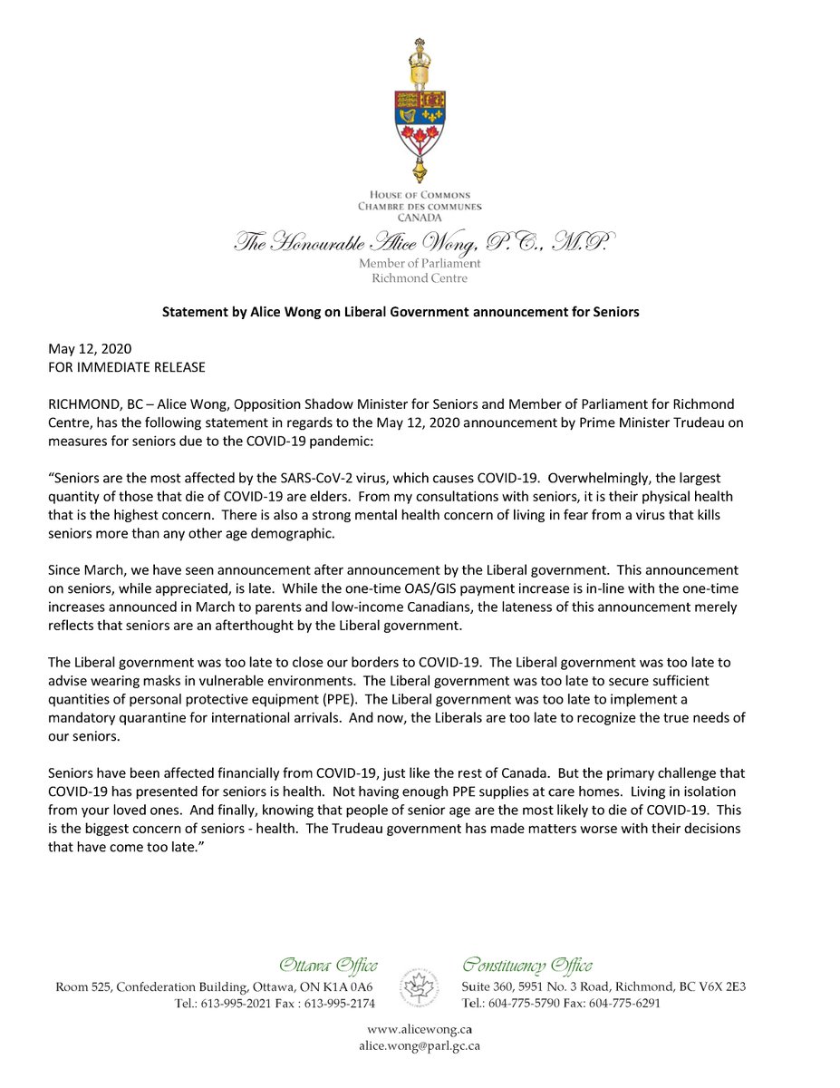 Statement on today's government announcement on #COVID19 measures for Seniors. #cdnpoli