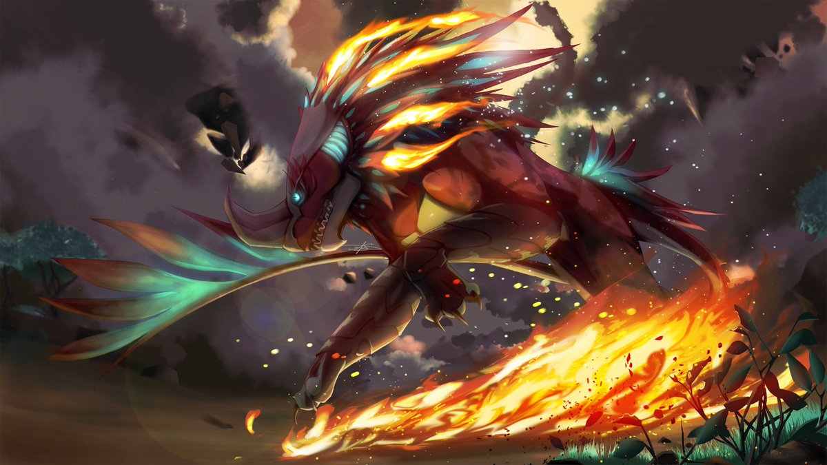 Hoppety1's tweet photo. It's been a little under 2 years that I've played @PlayDauntless now, and a bit over 2 years since I've started digital art. Drawing behemoths has been so much fun and I feel like I've learned a lot since I first drew #Embermane in 2018.
He also won the previous Strawpoll, so... https://t.co/QTVhE4FrWM