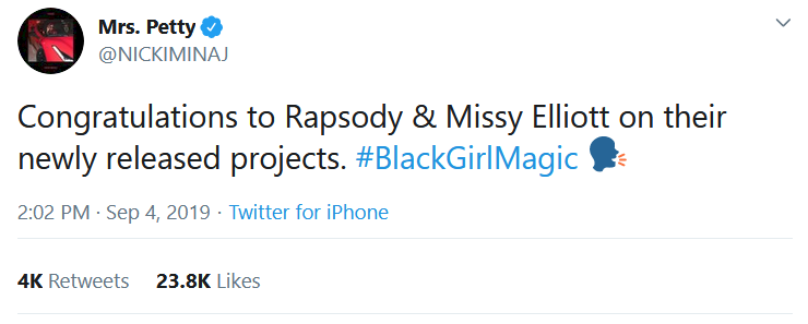 Nicki had NEVER congratulated Missy in the past 12 years. (Only outrage when Missy doesnt @ Nicki but not vice versa!) Nickis 1ST congrats came Sept '19. They were OUTRAGED Missy didnt reply but she did. What if Missy cant see or reply to Nickis tweet bc Nicki has her blocked?