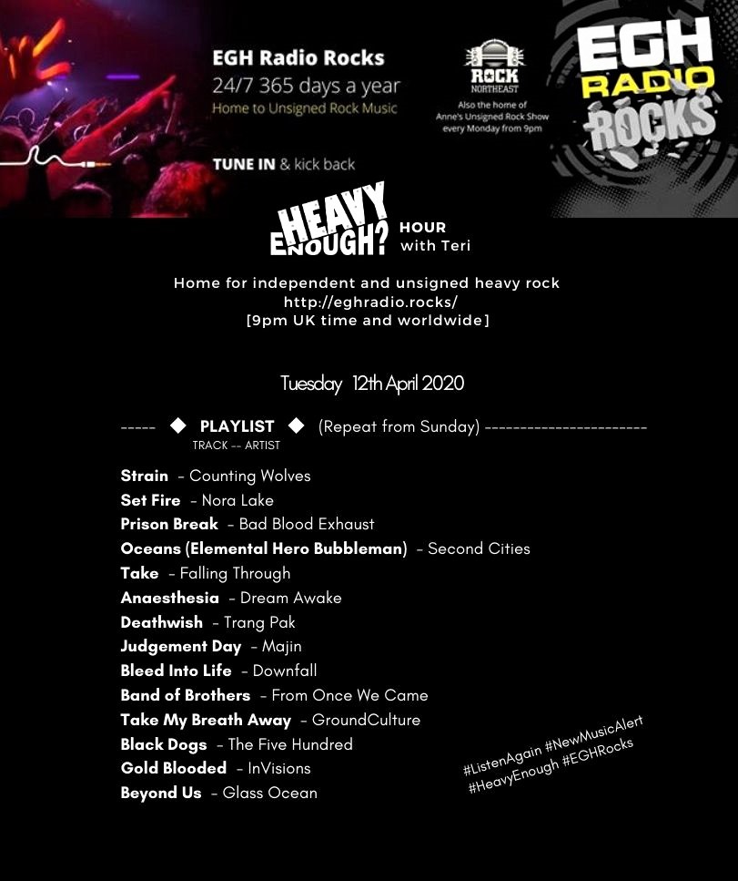 HeavyEnough Hour with Teri (@musicmatterstee) on Twitter photo Thank you for listening to #HeavyEnough?Hour <a href="/EGHRocks/">EGH Radio Rocks</a> #radio
Hope you enjoyed as much as I did! Make sure to check all featured bands;
<a href="/COUNTING_WOLVES/">COUNTING WOLVES</a> #NoraLake <a href="/badbloodexhaust/">Bad Blood Exhaust</a> <a href="/SecondCitiesUK/">Second Cities</a> <a href="/FallingThrough4/">Falling Through</a> @DreamAwakeNI <a href="/TrangPakBand/">Trang Pak</a>
Have a good week and see you on Sunday Thank you for listening to #HeavyEnough?Hour <a href="/EGHRocks/">EGH Radio Rocks</a> #radio
Hope you enjoyed as much as I did! Make sure to check all featured bands;
<a href="/COUNTING_WOLVES/">COUNTING WOLVES</a> #NoraLake <a href="/badbloodexhaust/">Bad Blood Exhaust</a> <a href="/SecondCitiesUK/">Second Cities</a> <a href="/FallingThrough4/">Falling Through</a> @DreamAwakeNI <a href="/TrangPakBand/">Trang Pak</a>
Have a good week and see you on Sunday