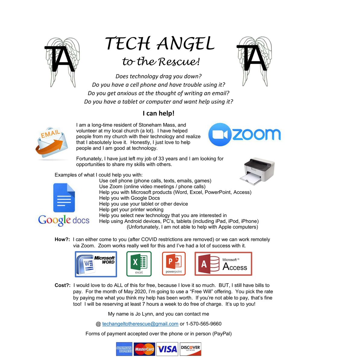 Know someone who wants help learning to use Zoom? or to use their phone or computer? learn to use Zoom? this woman is SUPER patient and she may be able to help for free. She charges on a "free will offer" basis...so you can pay what you will/can. See the flyer...