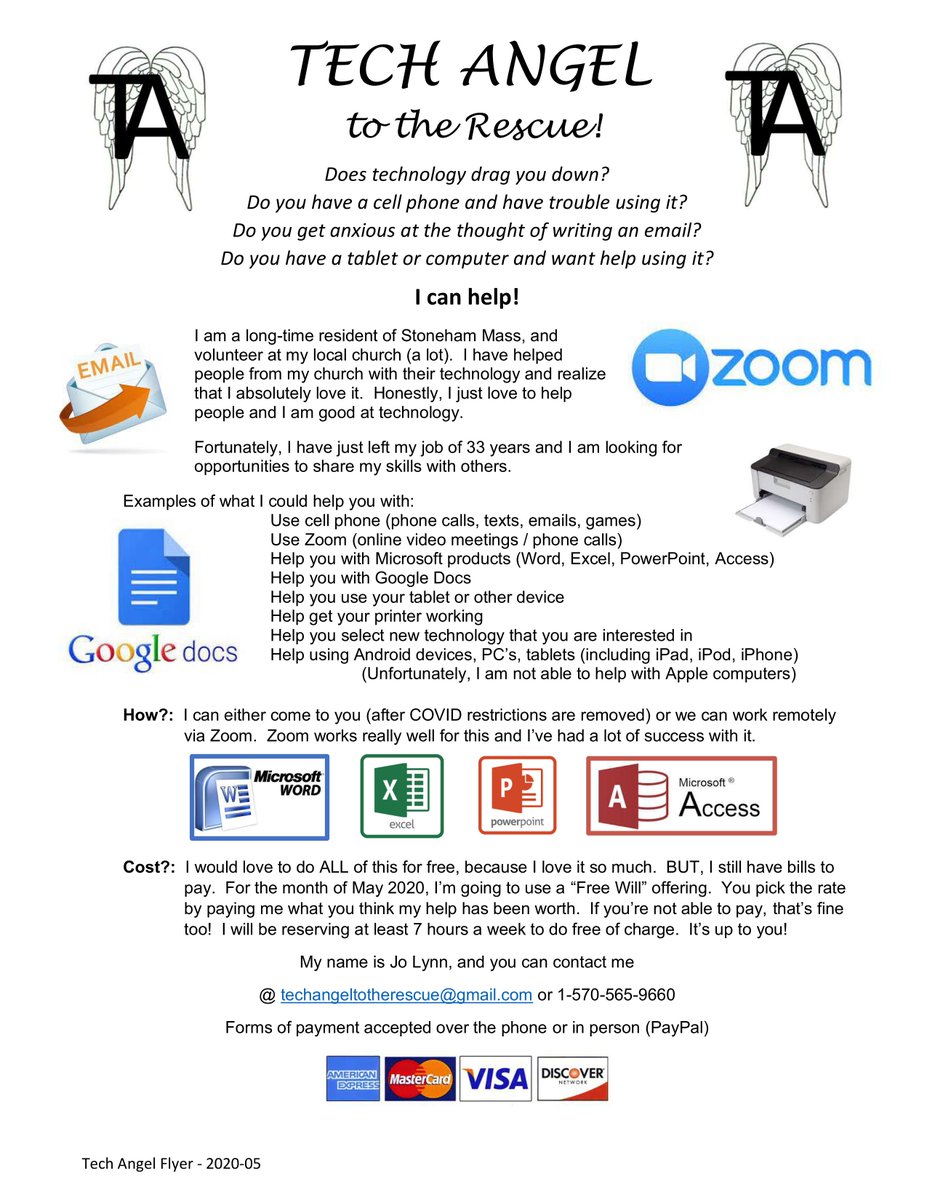 Know someone who wants help learning to use Zoom? or to use their phone or computer? learn to use Zoom? this woman is SUPER patient and she may be able to help for free. She charges on a "free will offer" basis...so you can pay what you will/can. See the flyer...