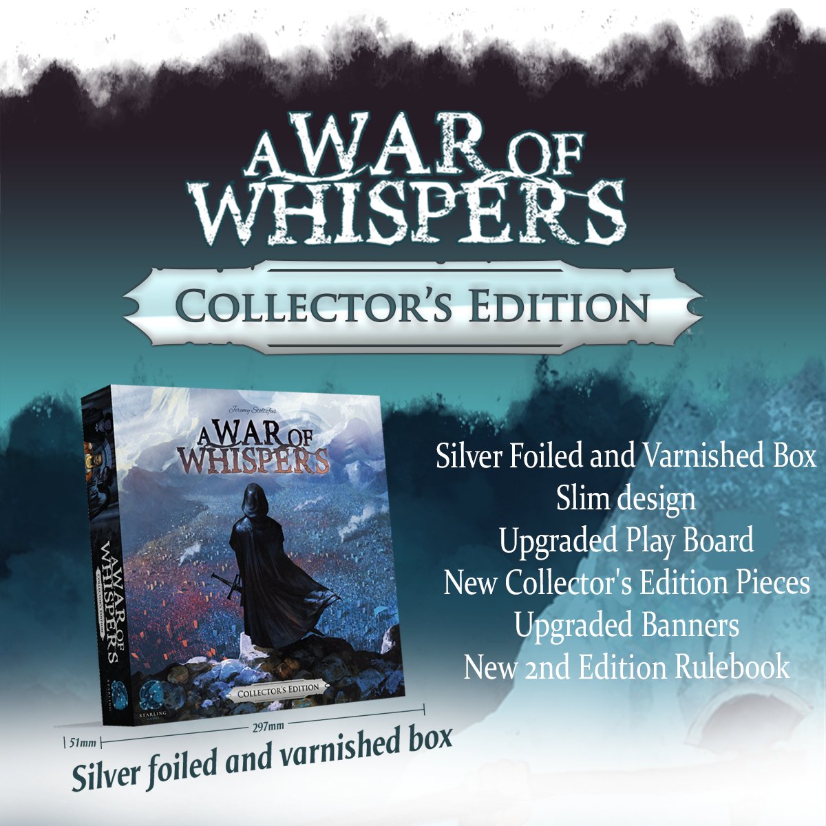 StarlingGames's tweet image. A newcomer emerges from the shadows: A War of Whispers Collector's Edition! This new edition includes the a foiled &amp;amp; varnished box, upgraded banners, additional minis, and more. To our Loyal Spymasters: tune in tomorrow for a special announcement! #awarofwhispers #darkalliances