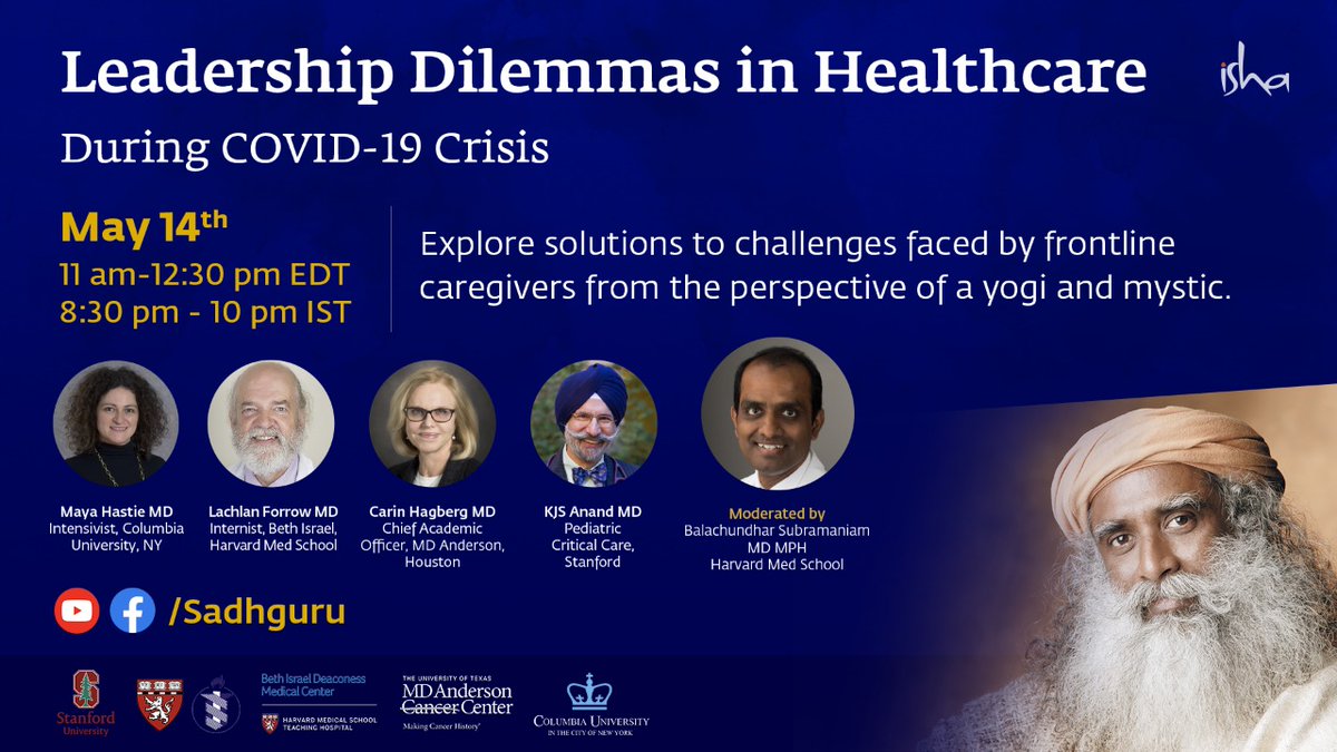 miraclemindapp's tweet photo. Join @SadhguruJV LIVE with medical professionals from @StanfordMed @harvardmed  @MDAndersonNews @ColumbiaMed 
 as they explore solutions to challenges faced by frontline caregivers.

Thursday, May 14, 11 AM EST on Sadhguru Youtube &amp; Facebook. 

#HealthcareHeroes https://t.co/jBTgCTGjxr