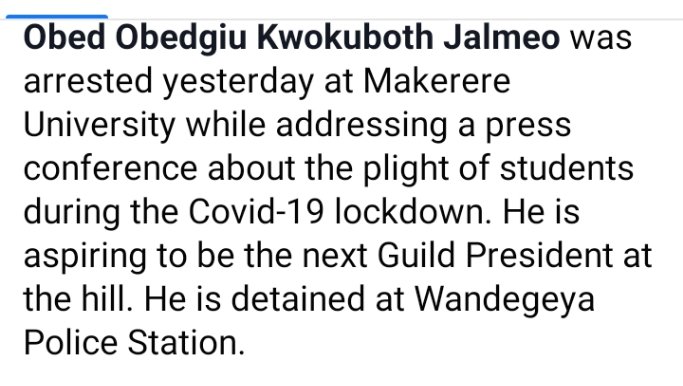 mwafrika_nana's tweet photo. Another one of Uganda's young writers is in detention for the third night after he was arrested from a press conference highlighting the plight of starving University students @PoliceUg @OPMUganda
@MakerereU
@EUinUG @usmissionuganda @FrontLineHRD @UNHumanRightsUG #FreeObed https://t.co/nVwjN7bni0