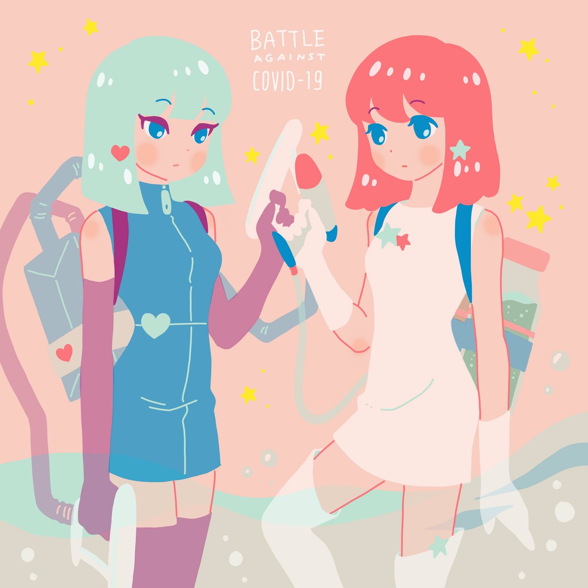 multiple girls 2girls gloves pink hair thighhighs medium hair star (symbol)  illustration images