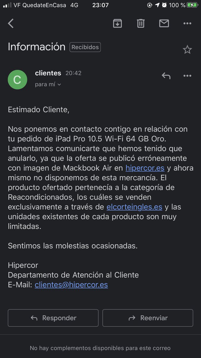 huguezz's tweet photo. Hoy en... #AfectadosHipercor la empresa que te vende un iMac pero te cancela la compra de un iPad porque la foto es de un MacBook... entiendo que al no poner el número de pedido será una comunicación errónea y no una cancelación unilateral de contrato @hipercor @elcorteinglesac https://t.co/IcnOMLb1hQ