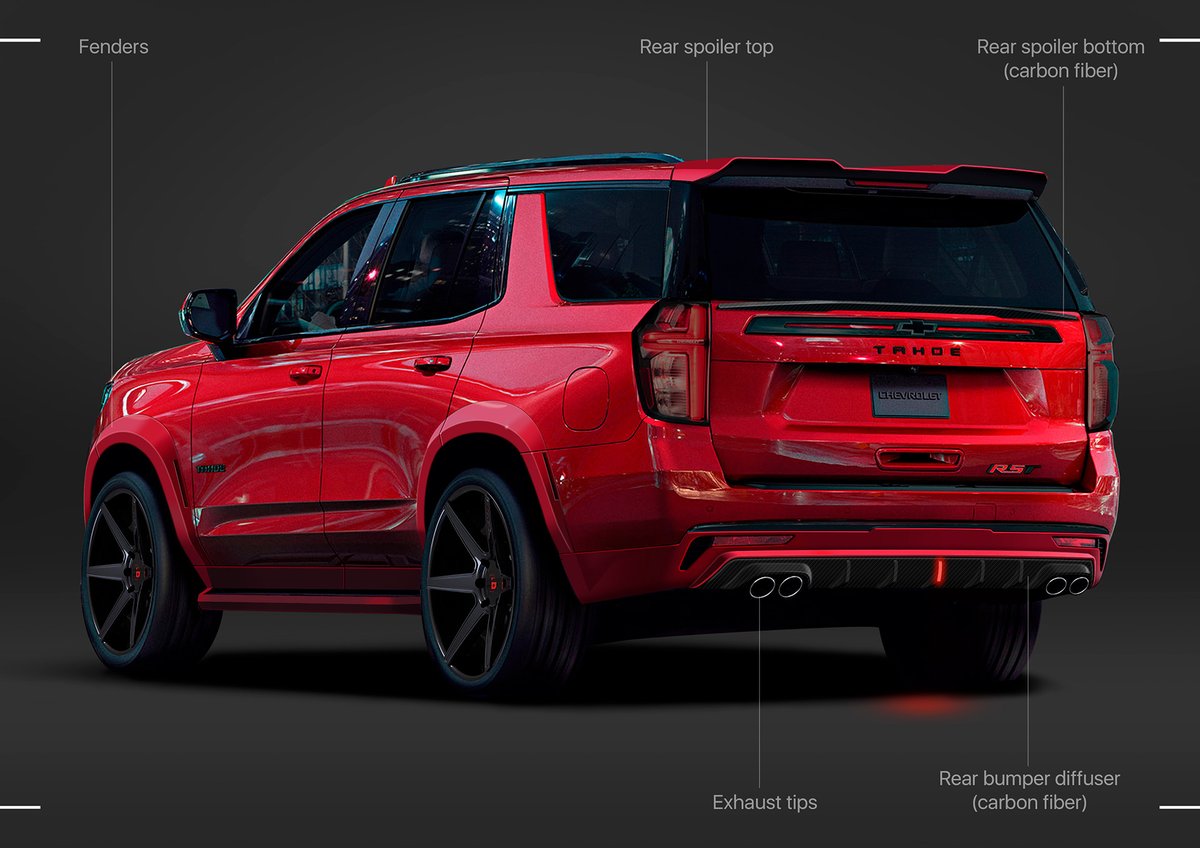 AutomovilMex's tweet photo. Esta #Chevrolet #Tahoe modificada no existe, son ilustraciones digitales creadas por el artista Kirill Veselov que plantean un comprensivo paquete de tuning para la SUV fullsize. Algún especialista o preparador debería producirlo 🤩 #RenderAP #ModificadosAP @ChevroletMexico https://t.co/3RUAK7sKRD