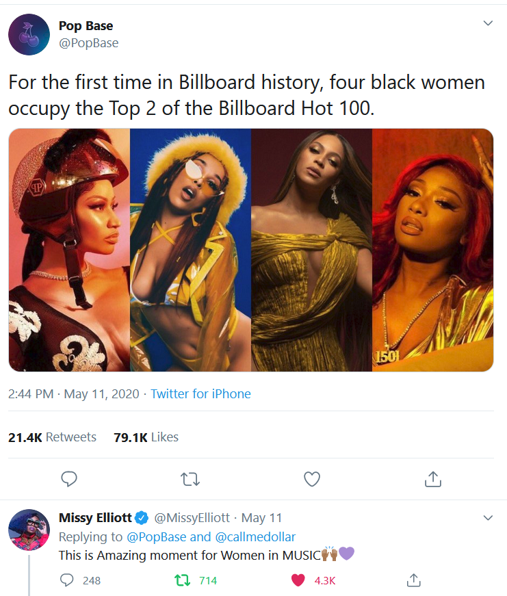 Just YESTERDAY 5/12/2020. Doja, Nicki, Megan & Beyonce became the FIRST four black women to top the HOT100 at #1 & 2!Missy saw it on her timeline as a RT and replied to the accounts. Out of ALL the fan bases, ONLY barbz were insulting her and PRESSED bc Missy did not @ Nicki.