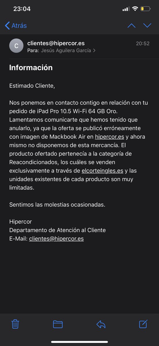 JesusAguilera_'s tweet photo. Hola @hipercor @elcorteingles esto no es serio. Es de verguenza. Espero una respuesta. Yo no he comprado un iPad Pro, he comprado un iMac. #afectadosHipercor https://t.co/v2Nz8nAz6A