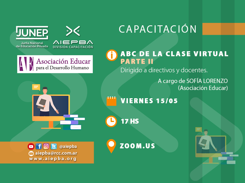 AIEPA_AIEPBA's tweet photo. Capacitación: "ABC de la clase virtual. Parte II" a cargo de Sofía Lorenzo de Asociación Educar. Dirigido a equipos directivos y docentes de los niveles inicial y primario.

🔐 ID y contraseña vía mail a todos los socios.

+ info https://t.co/ryYdljZ9Sc
#ComunidadAIEPBA #JUNEP https://t.co/ekeh3wN9ga