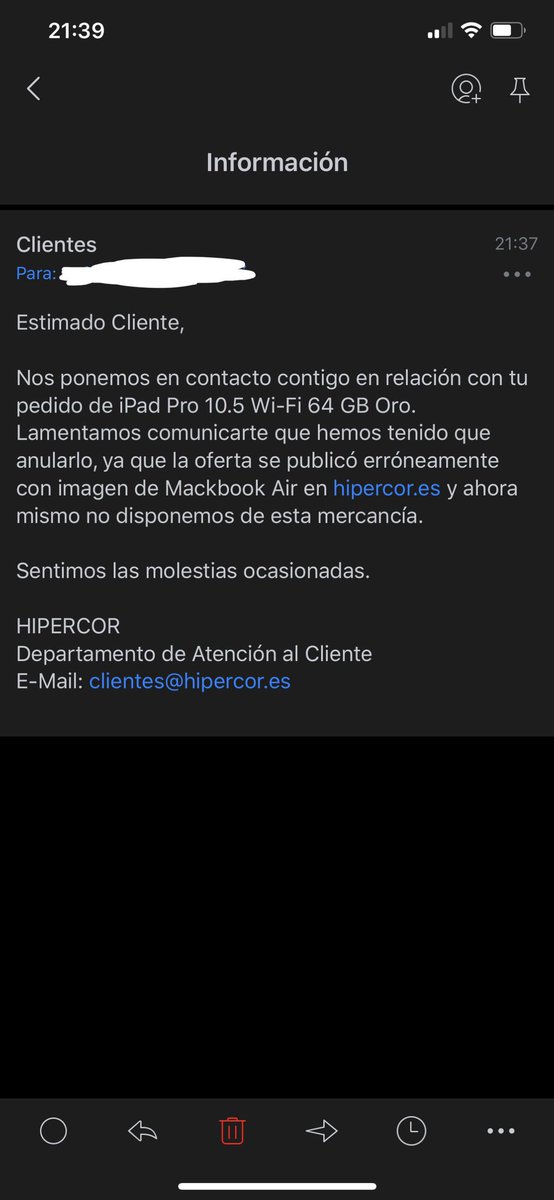 rafaelpedrajas's tweet photo. #AfectadosHipercor Compre 2 iMacs en @hipercor @elcorteingles @elcorteinglesac y me ha llegado un correo de cancelación de un iPad que no he comprado. Mala gestión. Debéis de mandar los productos comprados o de mismas características. https://t.co/PrJwLne4Bl