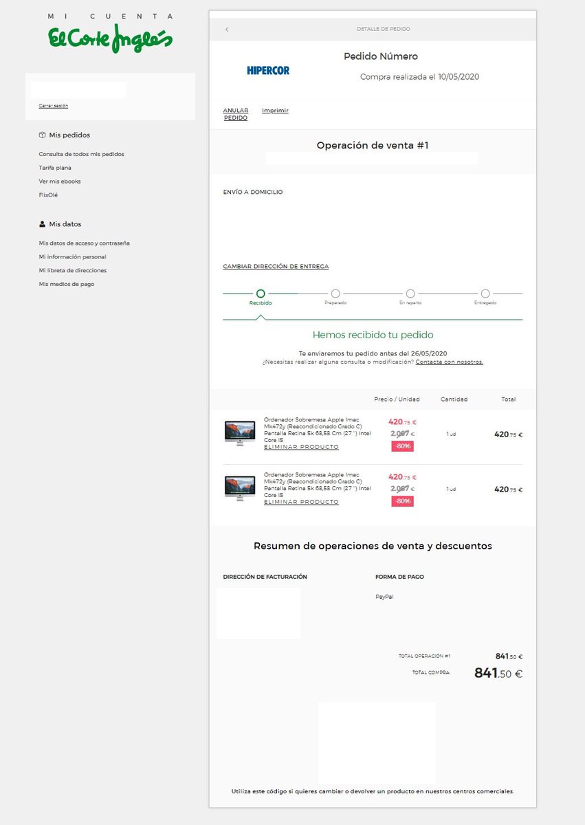 rafaelpedrajas's tweet photo. #AfectadosHipercor Compre 2 iMacs en @hipercor @elcorteingles @elcorteinglesac y me ha llegado un correo de cancelación de un iPad que no he comprado. Mala gestión. Debéis de mandar los productos comprados o de mismas características. https://t.co/PrJwLne4Bl