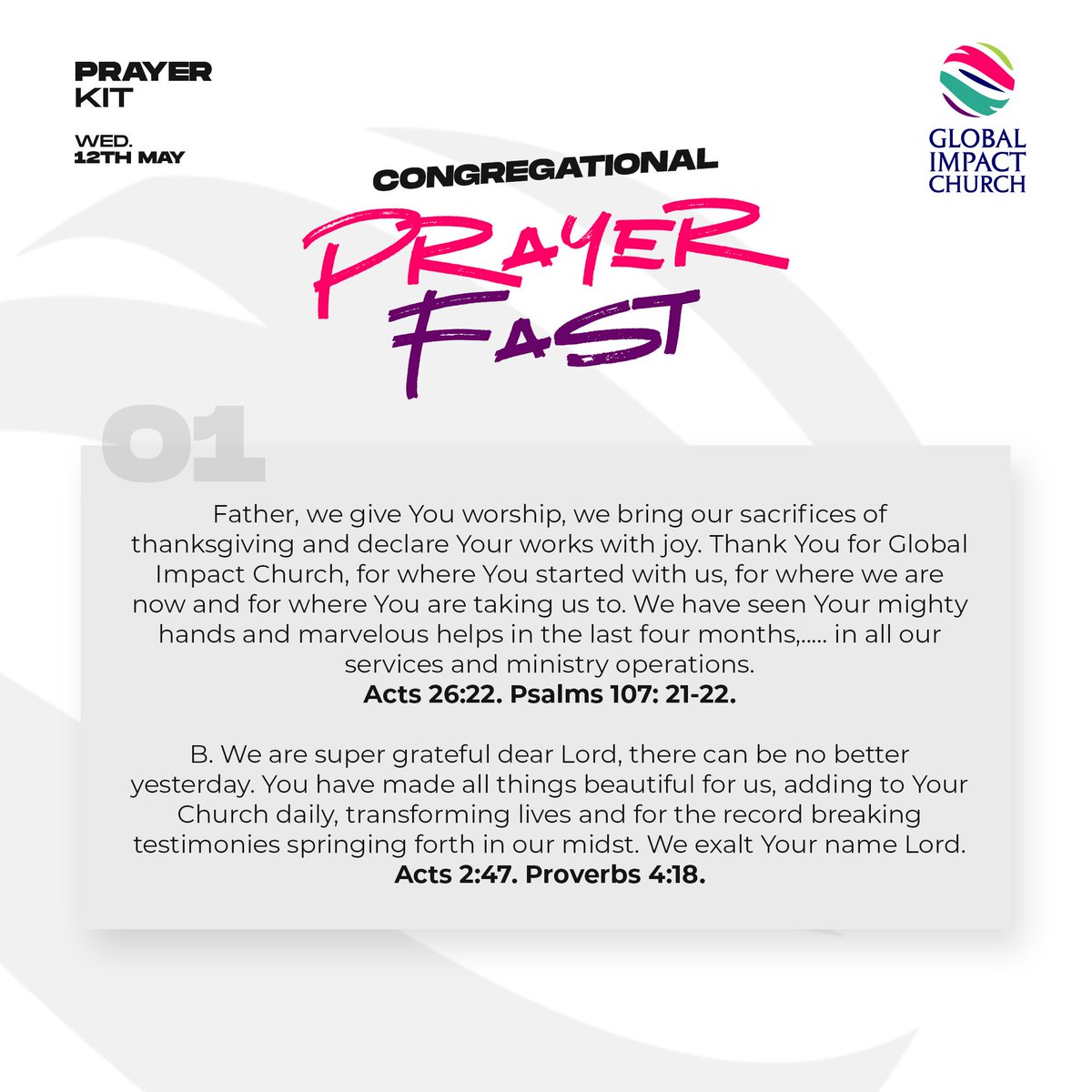 Global_ImpactNG's tweet photo. Prayer Kit For Wednesday (13th May 2020) Congregational Fasting & Prayers.
Like, comment, share and tag a friend that needs to see this.
#GlobalImpactNG
#PrayerKit
#PrayerAndFasting
#April2020
#Lagos https://t.co/CS3GI69J9i