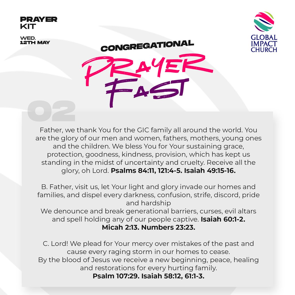 Global_ImpactNG's tweet photo. Prayer Kit For Wednesday (13th May 2020) Congregational Fasting & Prayers.
Like, comment, share and tag a friend that needs to see this.
#GlobalImpactNG
#PrayerKit
#PrayerAndFasting
#April2020
#Lagos https://t.co/CS3GI69J9i