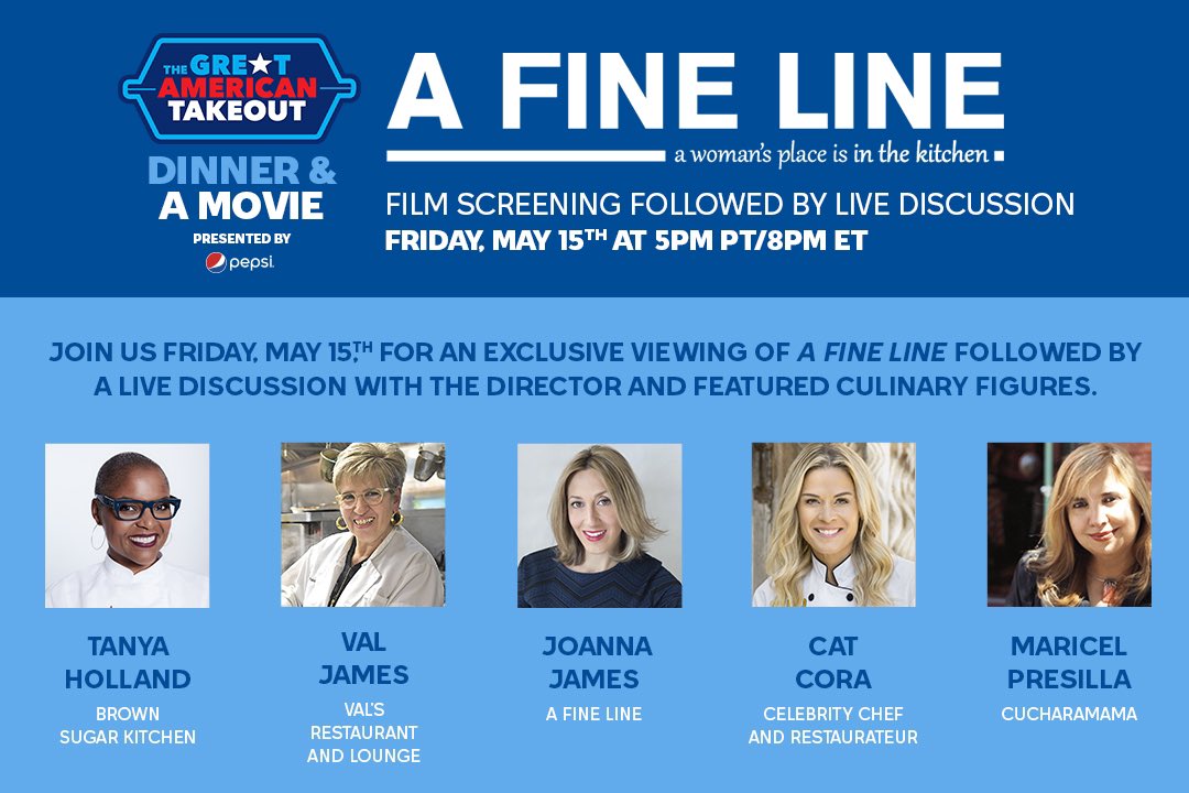 afinelinemovie's tweet photo. Join us for Dinner & Movie w/ @TheGATakeout hosted by @pepsi this Friday, May 15 at 5pm pst 🙏 OPEN to the public 🧡
RSVP: https://t.co/JNJZ1Va7ir
#TheGreatAmericanTakeout #AFineLineMovie #RaiseTheRERF #StrongerTogether #MappImpact #AWomansPlaceIs #SaveRestaurants #WomenChefs https://t.co/kMxsJ1PR5w