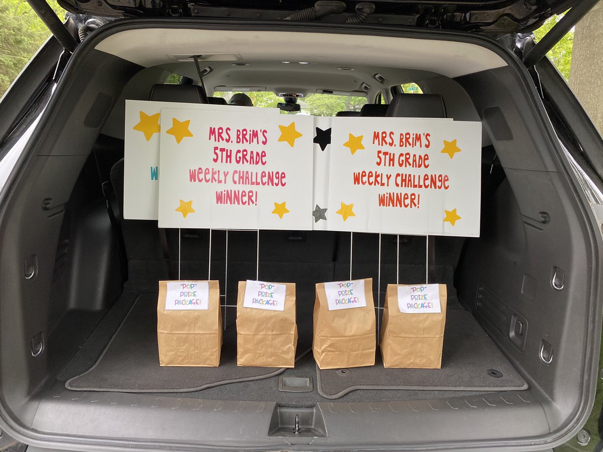 Mrs_SBrim's tweet photo. Surprised four hardworking 5th graders yesterday with special yard signs and βpopβ prize packages for winning this weekβs virtual learning challenge! πππ#plegrow https://t.co/fROeOpwRn3