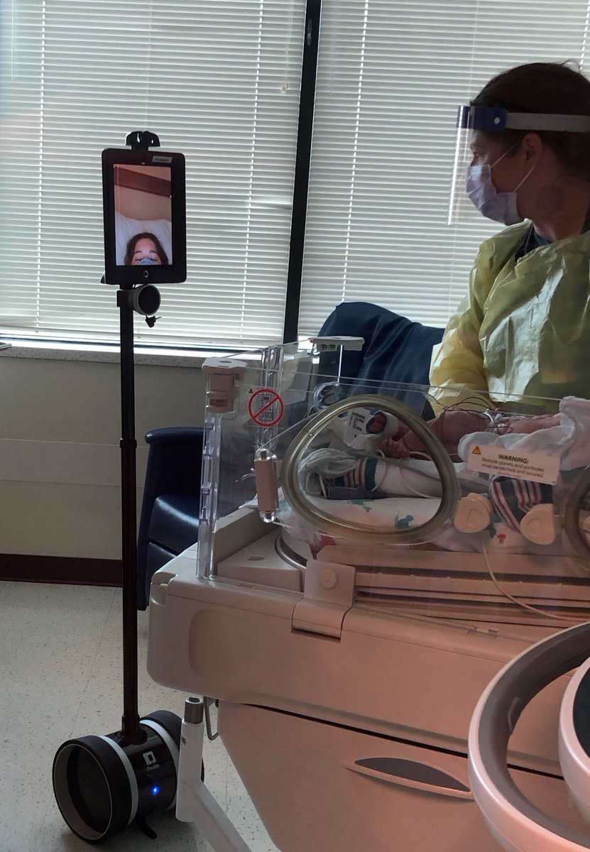 ChildrensMercy's tweet photo. Mom Hailey is isolated at @TrumanMedKC, unable to see her newborn son who is in our #NICU. We set up our telepresence robot so she can see baby Lucas, and talk to his care team, thanks to a donation from @15andMahomies. #LoveWill stop at nothing to keep moms and babies together. https://t.co/JTdVZHiwOT