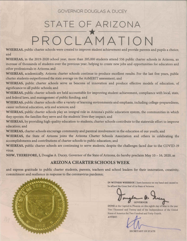 AZCharterAssociation (@azcharters) on Twitter photo It's official! Thank you Governor <a href="/dougducey/">Doug Ducey</a> for proclaiming May 10-16 Arizona Charter Schools Week, and expressing gratitude to our state's charter schools for their response to the coronavirus pandemic. #AboveAndBeyondAZ #CharterSchoolsWeek #ClosedNotClosed It's official! Thank you Governor <a href="/dougducey/">Doug Ducey</a> for proclaiming May 10-16 Arizona Charter Schools Week, and expressing gratitude to our state's charter schools for their response to the coronavirus pandemic. #AboveAndBeyondAZ #CharterSchoolsWeek #ClosedNotClosed