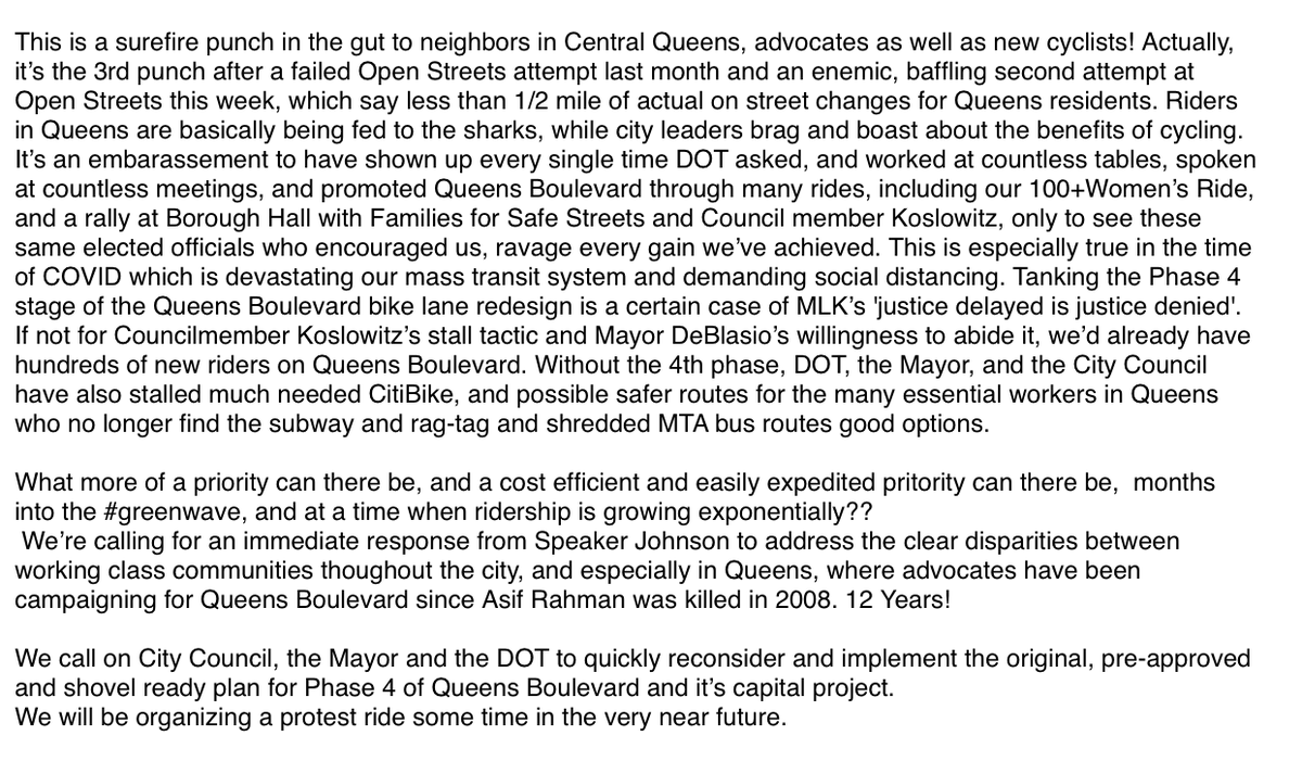 MakeQueensSafer's tweet photo. @StreetsblogNYC @NYCMayor @jonorcutt @TransAlt Plans are in the works with the #Queensbikefamily to take action. We're planning. This is counter-intuitive and makes false anything we've heard from @NYCCouncil @NYCSpeakerCoJo from #greenwave. Now is the exact time for #streetredesign. NOW! https://t.co/9PVb6svaQJ