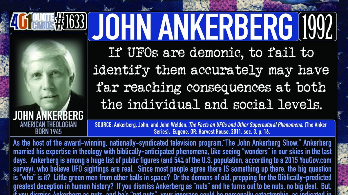 DaveHooper15's tweet photo. John Ankerberg on UFOs vs demons in 1992. 401 Quote No. 1633. More: https://t.co/keO35qken7
#ufo2020 #ufotwitter #ufosighting #ufosightings #UFO #demons #aliensarereal #Aliens #biblicalanswersnow #BibleStudy #Revelation #quote #quotestoday #QuoteToPonder #biblequote #Biblical https://t.co/ClKdexV5mM