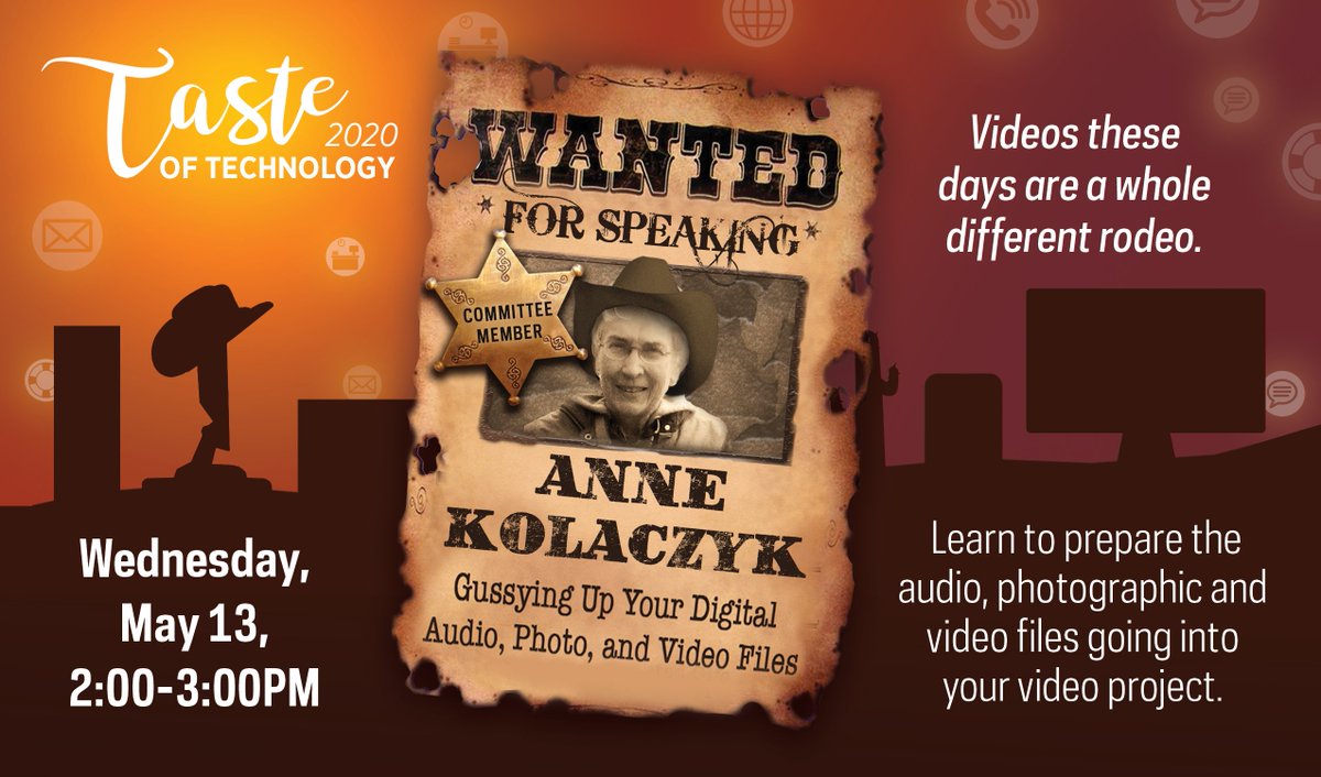 OITatND's tweet image. Videos these days are a whole different rodeo! Learn to prepare the audio, photographic &amp;amp; video files going into your #video project during the next Wild West themed #TasteofTechnology session: Wednesday, May 13, at 2pm. Register here: ow.ly/RbLk50zEudY