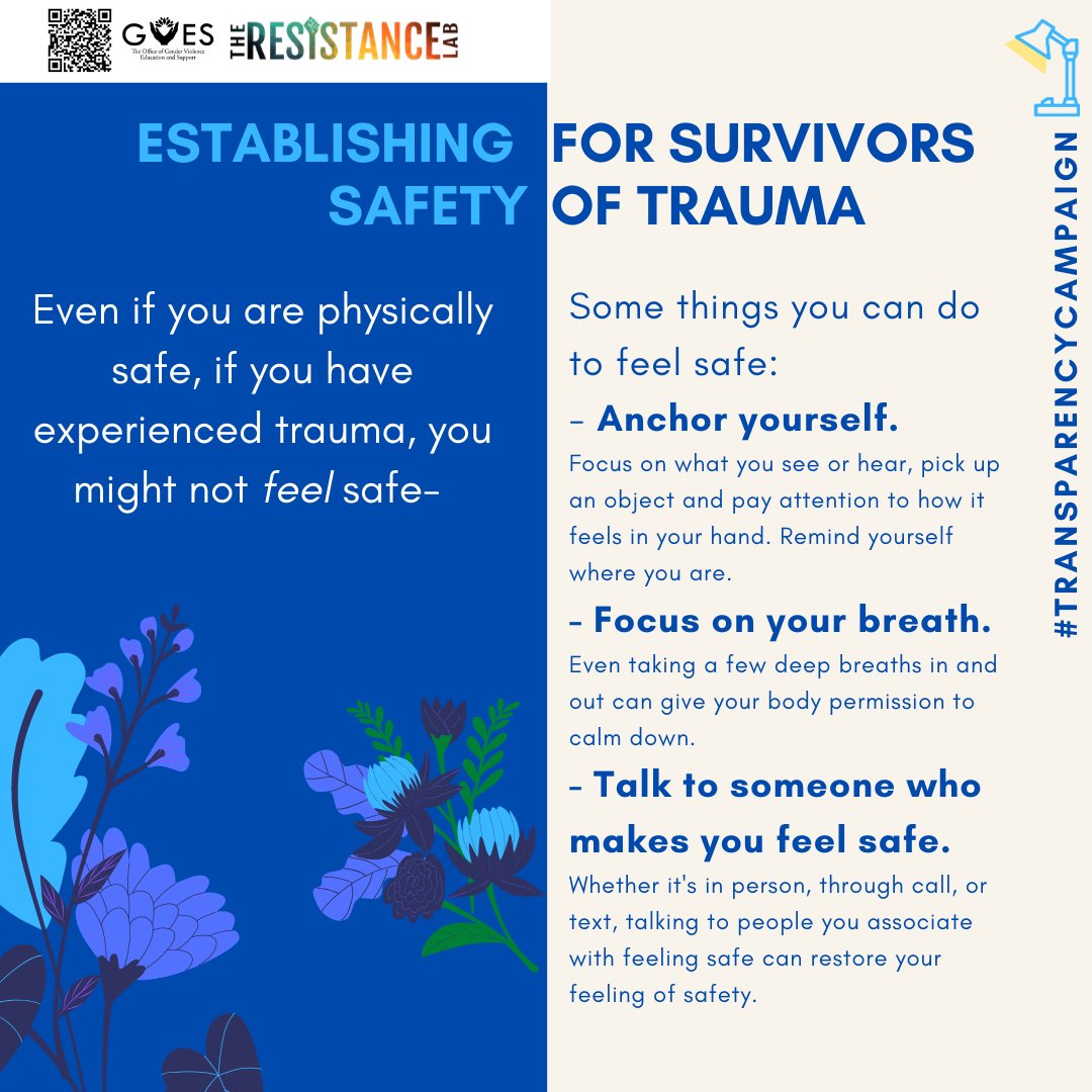 For survivors of trauma, staying safe at home might involve dealing with reminders of the trauma. Today's tips are about establishing safety at home. 

#TransparencyCampaign #Safeathome #TheResistanceLab #covid19 #MentalHealthAwarenessMonth #mentalhealth #selfcare