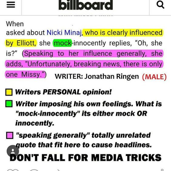 In 2015, Billboard posted an article with a Missy interview the Barbz screamed "SHADE" about.Yes. The SAME way theyve tried to twist Nickis words & Nicki had to come out & make it clear that they were doing it for clout/click bait.Even though ITS CLEAR the writer is being shady