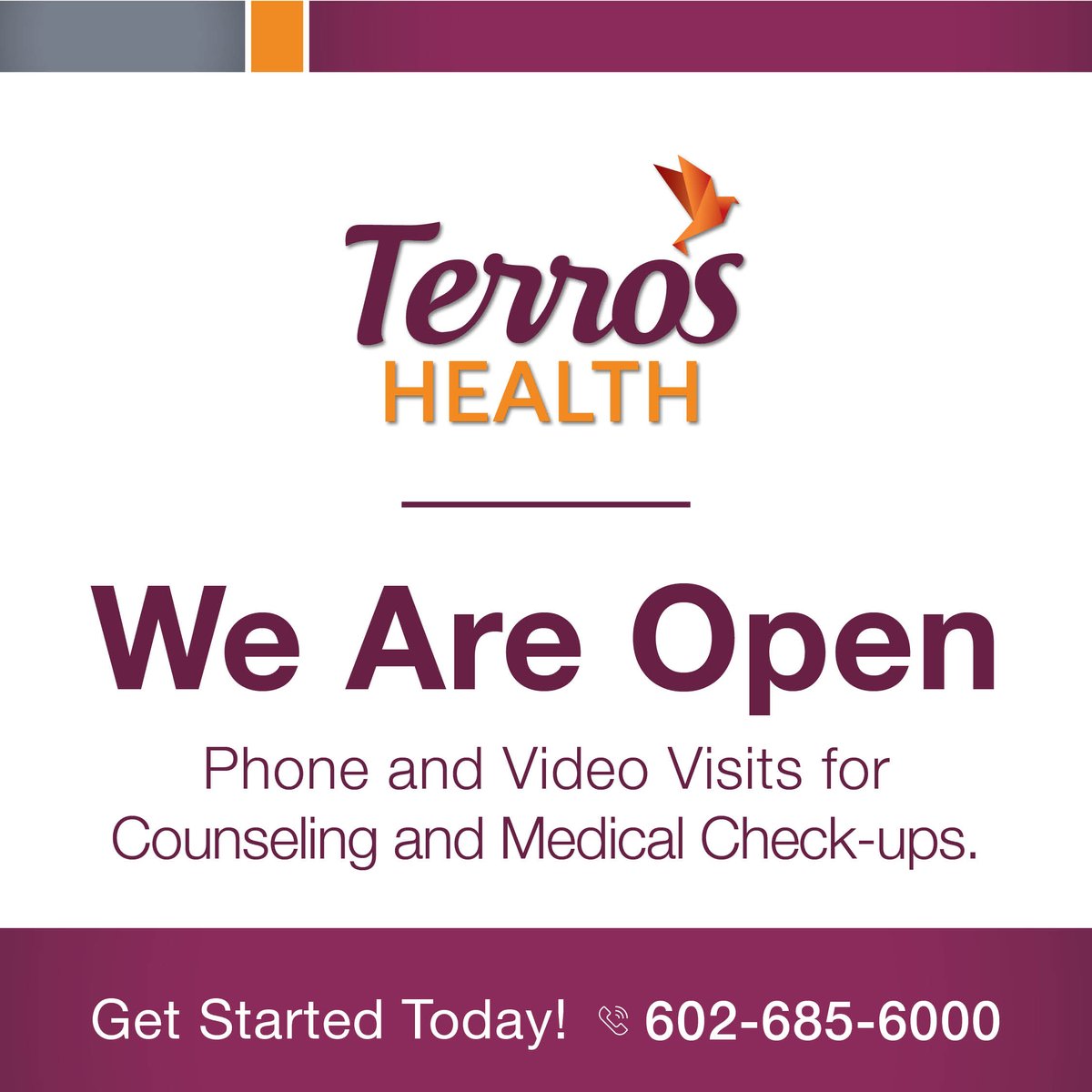 terroshealth's tweet photo. It’s Mental Health Awareness Month - make yours a priority! Terros Health has phone, video and in-person appointment options - what's your preference? Get the help and support you need today - call us at 602.685.6000! #InspiringChangeforLife #mentalhealthmatters #thrive https://t.co/wYpScRnhQM