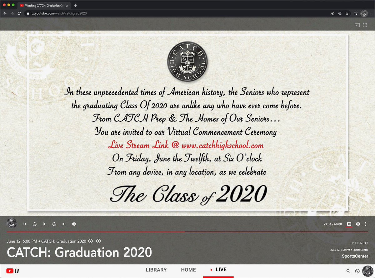 CatchHighSchool's tweet photo. Live via YouTube LiveStream on June 12, 2020 @ 6pm ➡️ We present the #CATCHPrep Graduating Class Of 2020.  See you there!!! https://t.co/ZZaUkGDvwX