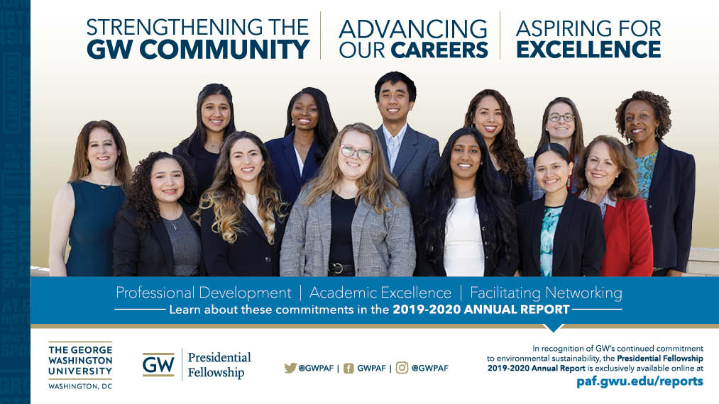 GWPAF's tweet photo. We are proud to share the newly published 2019 - 2020 Presidential Fellowship Annual Report.  Access the full report at https://t.co/E6r2PebZR9 

Thank you to all our champions! 
@GWtweets @cissypetty @GWProvost https://t.co/BUXnieLDAn