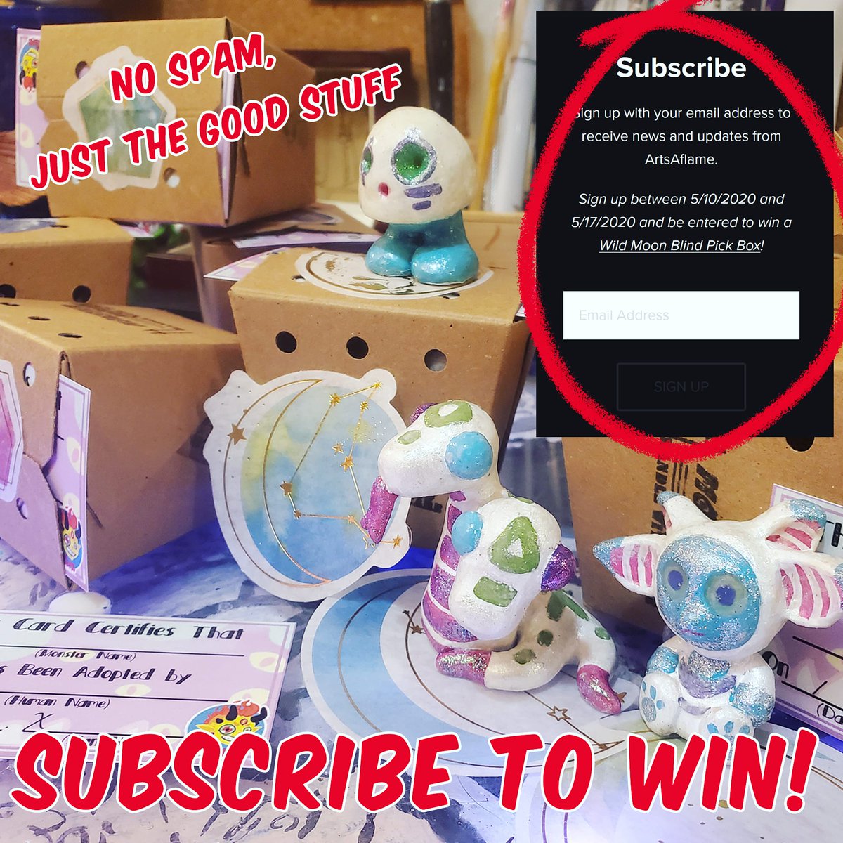 ArtsAflame's tweet photo. Giveaway time! If you go to https://t.co/9Ikw3Jku8C and subscribe to my emails by sunday you'll be entered to win one of my Wild Moon blind pick boxes that has a glow in the dark figure and a sticker! Be sure to confirm your subscription via the confirmation email. #giveaway https://t.co/3cfDtZLxZ4