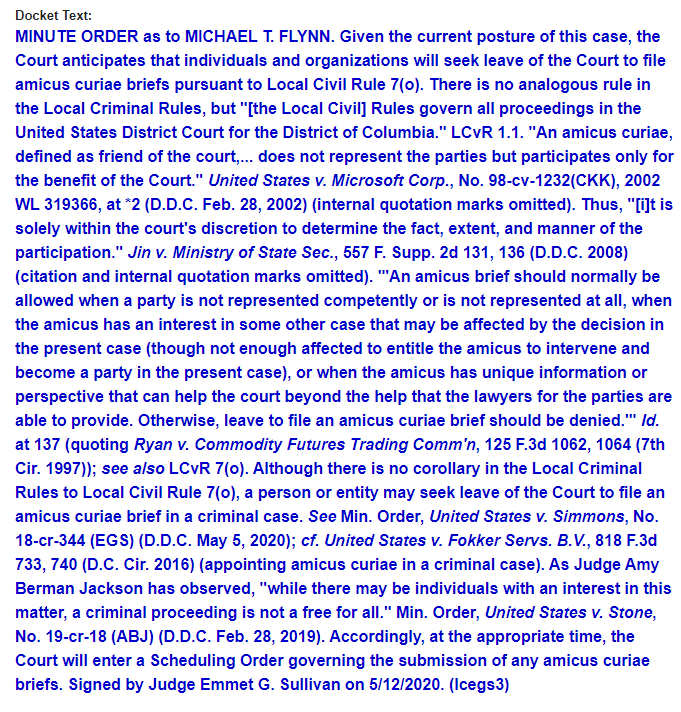 BREAKING: Judge Sullivan responds with a lengthy order to DOJ's motion to dismiss the Flynn prosecution and quotes the judge on Roger Stone's case. Order states that "at the appropriate time" he will set a schedule for the submission of any amicus curiae briefs.  @CourthouseNews