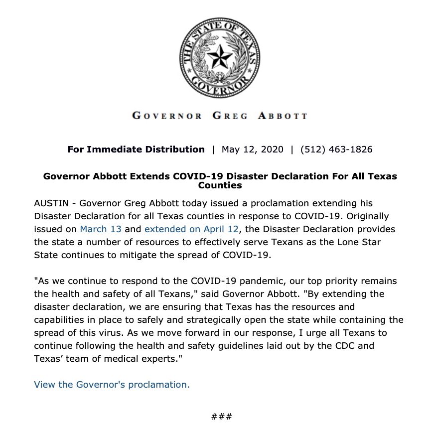 Extending the COVID-19 Disaster Declaration for all Texas counties. 
 
This provides the state a number of resources to effectively serve Texans as the Lone Star State continues to mitigate the spread of this virus. 
 
More information: bit.ly/2yHdQmw
