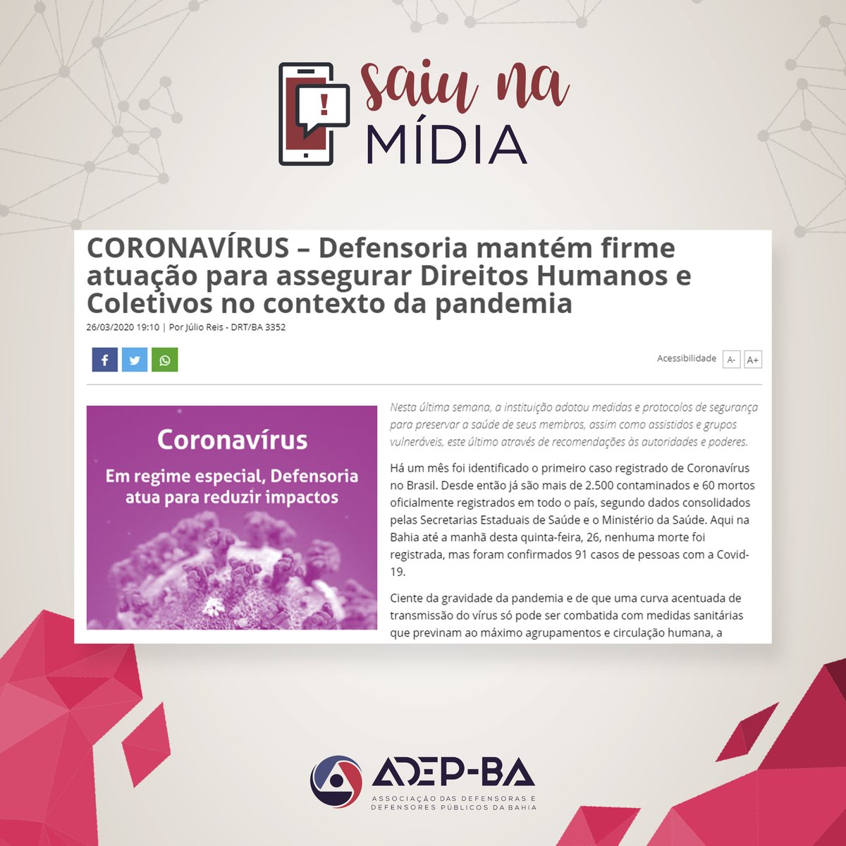 adepbahia's tweet photo. #SaiuNaMídia Defensoria mantém firme atuação para assegurar Direitos Humanos e Coletivos no contexto da pandemia
#DefensoriaSim #ADEPBA #FiqueEmCasa https://t.co/4jtRf9L8sy