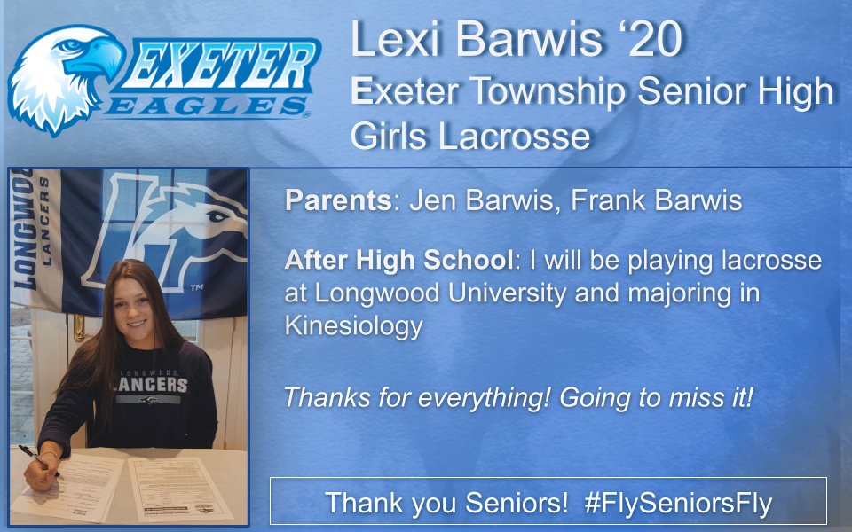 ExeterAthletics's tweet photo. It's Senior Night for our Girls Lacrosse Team!  Please leave comments and good wishes for Lexi, as she moves on to Longwood University!!!  #FlySeniorsFly @69Sports @RE_sports  @exeter_shs @SpotlightBerks Spotlight On Berks Sports The Exeter Informant https://t.co/9PdyfzudL6