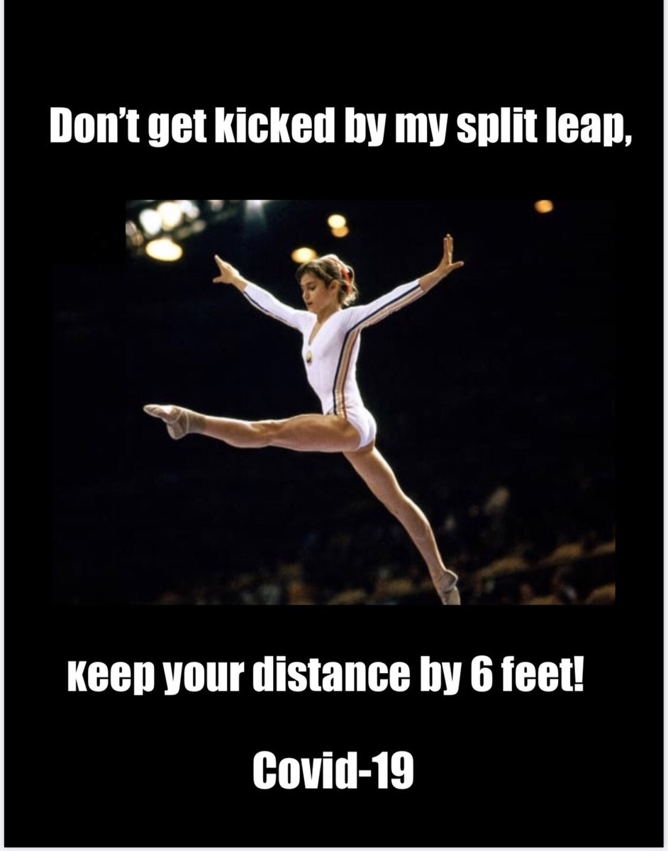 nadiacomaneci10's tweet photo. As many gyms are getting ready to open their doors for a limited nr of gymnasts I created this image to use my split leap as measure to keep your distance #StaySafe https://t.co/b4ujeIBPTu