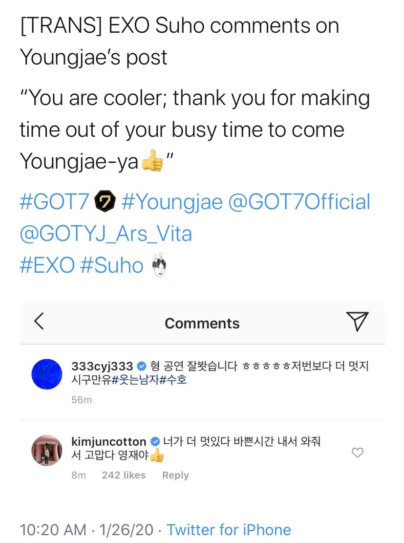 Junmyeon replied to youngjaes post on ig regarding his musical and how hes cooler than before