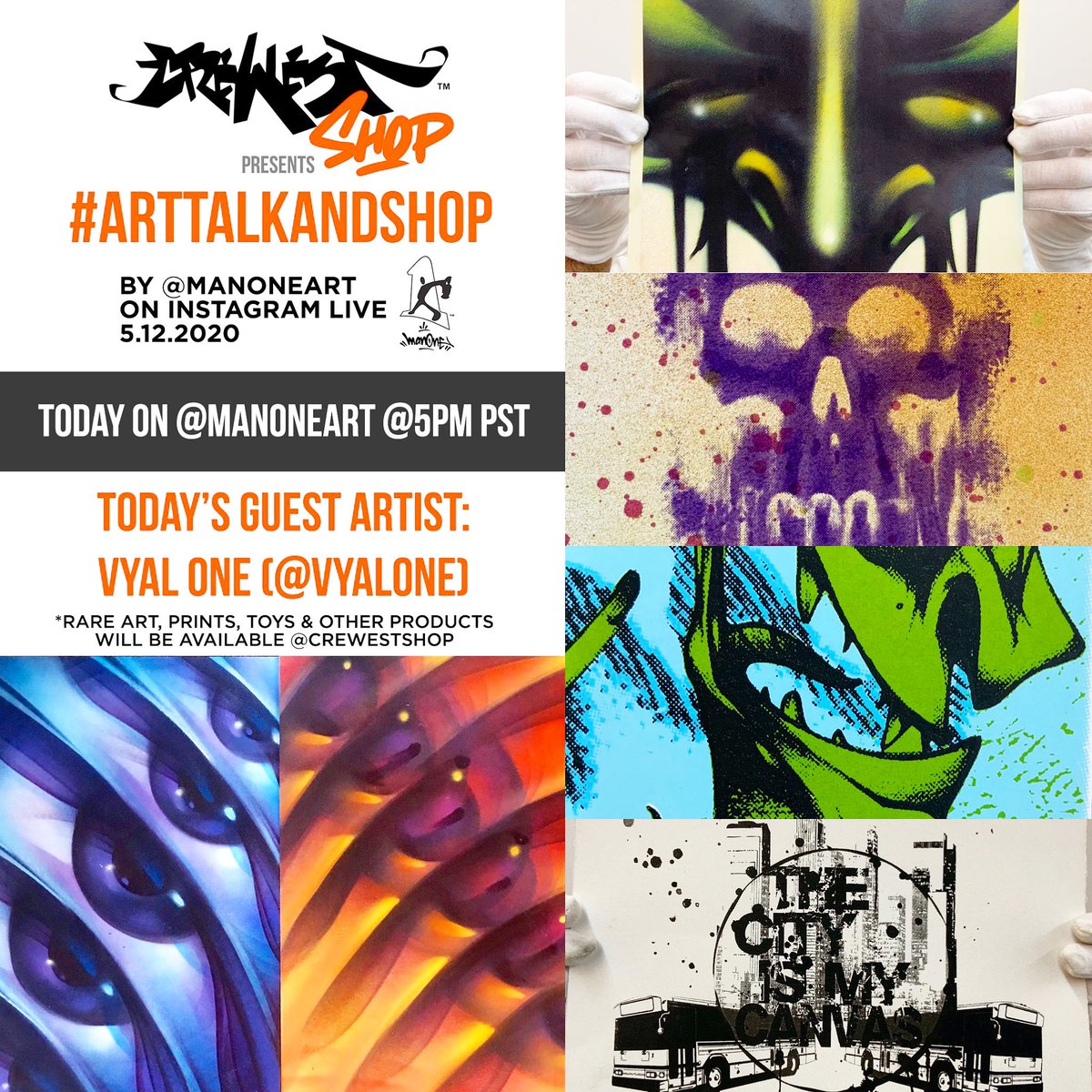 ManOneArt's tweet photo. #ArtTalkandShop 5pm pst TODAY in conversation with #VyalOne &amp; buy some of his art LIVE on my Instagram page @manoneart  
SEE YOU THERE! 
#crewestshop
#crewest
#ManOne https://t.co/Vu1qkU7vyk