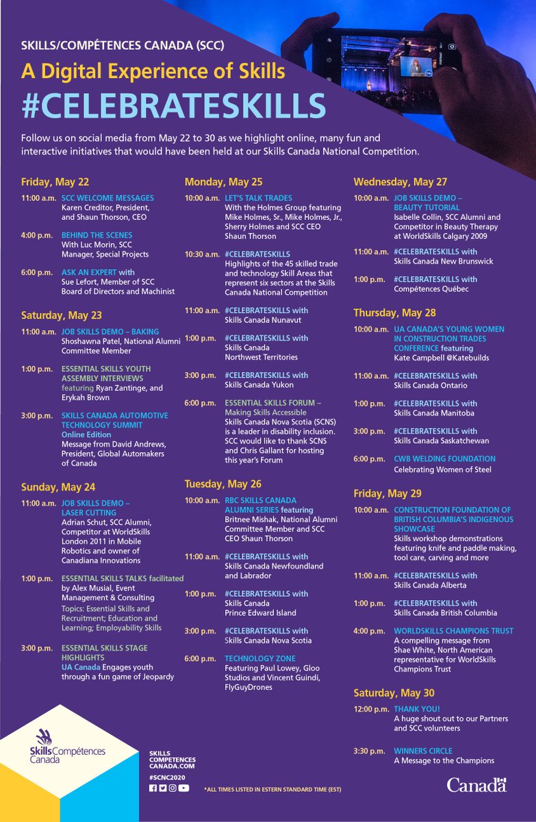 Here is the full schedule for Skills Canada: A Digital Experience of Skills! We hope you will join us from May 22-30! One extra day added! What are you most looking forward to? 

#CelebrateSkills 
#CélébronsLesCompétences