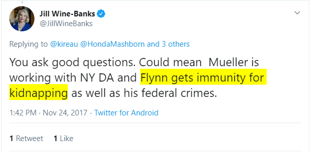 More on Flynn case - Part of the "Watergate Prosecutors" group who filed a brief opposing the DOJ motion to dismiss is Jill Wine-Banks.Ms. Wine-Banks is a Trump/Russia collusion nutter who claimed General Flynn would get "immunity for kidnapping" Good job Judge Sullivan!