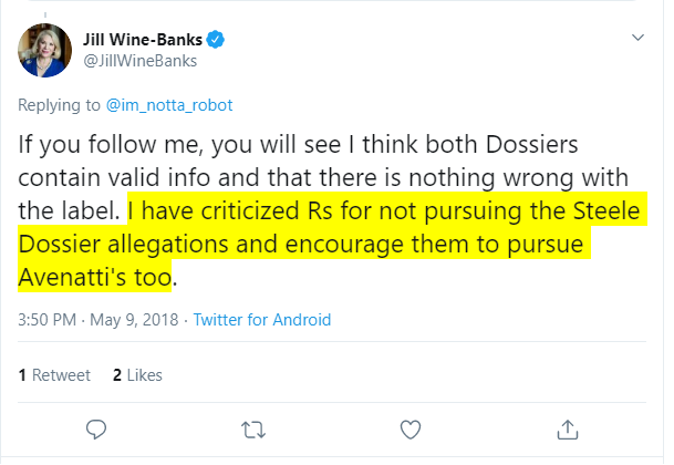 "Watergate Prosecutors" member Jill Wine-Banks was a huge fan of the Steele Dossier.She also took the "Avenatti Dossier" seriously.The Avenatti Dossier ID'd financial transactions of the wrong Michael Cohen(s).