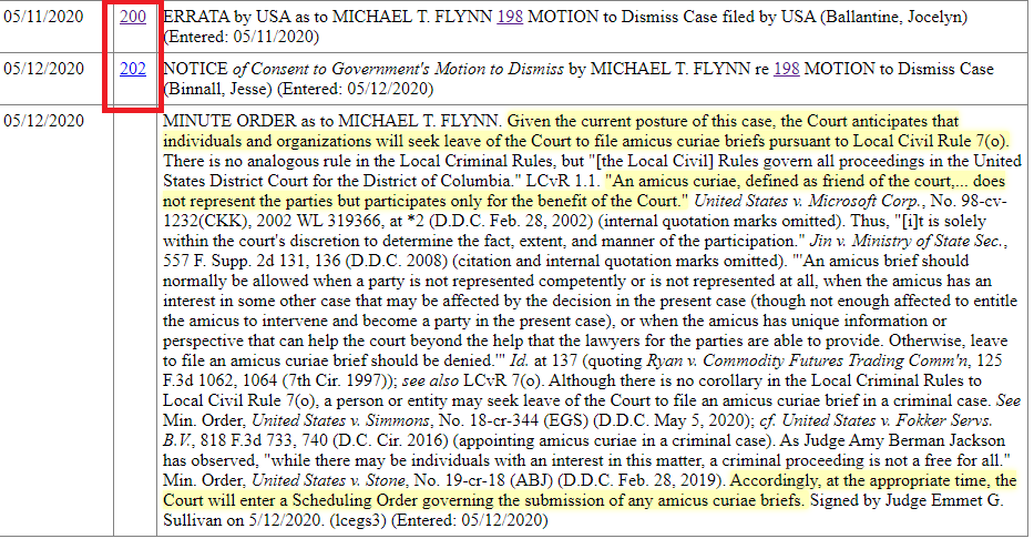 Looking at the docket entries (#201 not present), we suspect an amicus brief has already been filed.Perhaps by the former DOJ employees who want Sullivan to improperly proceed to sentencing.Judge Sullivan risks turning this into a circus.