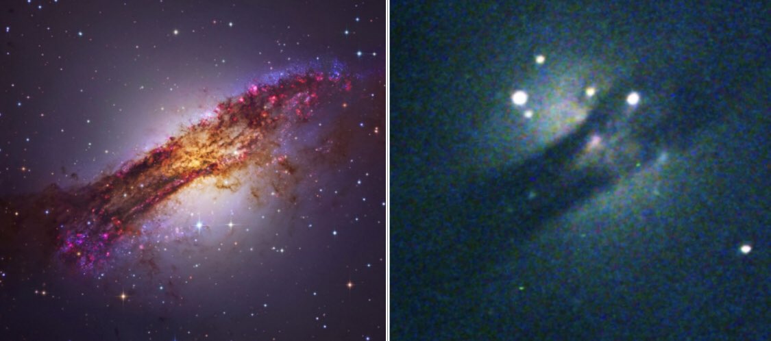 Here's the Hubble image of Centaurus A. on the left, vs. my most recent image (taken earlier this week - surprised me as the Moon was out and rising!)Note the little pink colour in centre of dust bands :-D (I also have no idea how my images are orientated)5/8