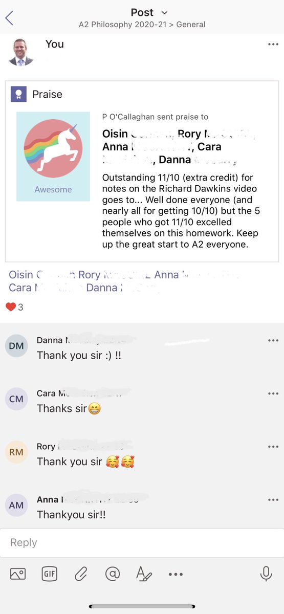 REality_Teacher's tweet photo. Never underestimate the power of praise during lockdown - everyone likes to be acknowledged and have their hard work recognised- even the older students. #rewardinglearning #remotelearning @MicrosoftTeams @MicrosoftEDU https://t.co/cgdUpMpz6h