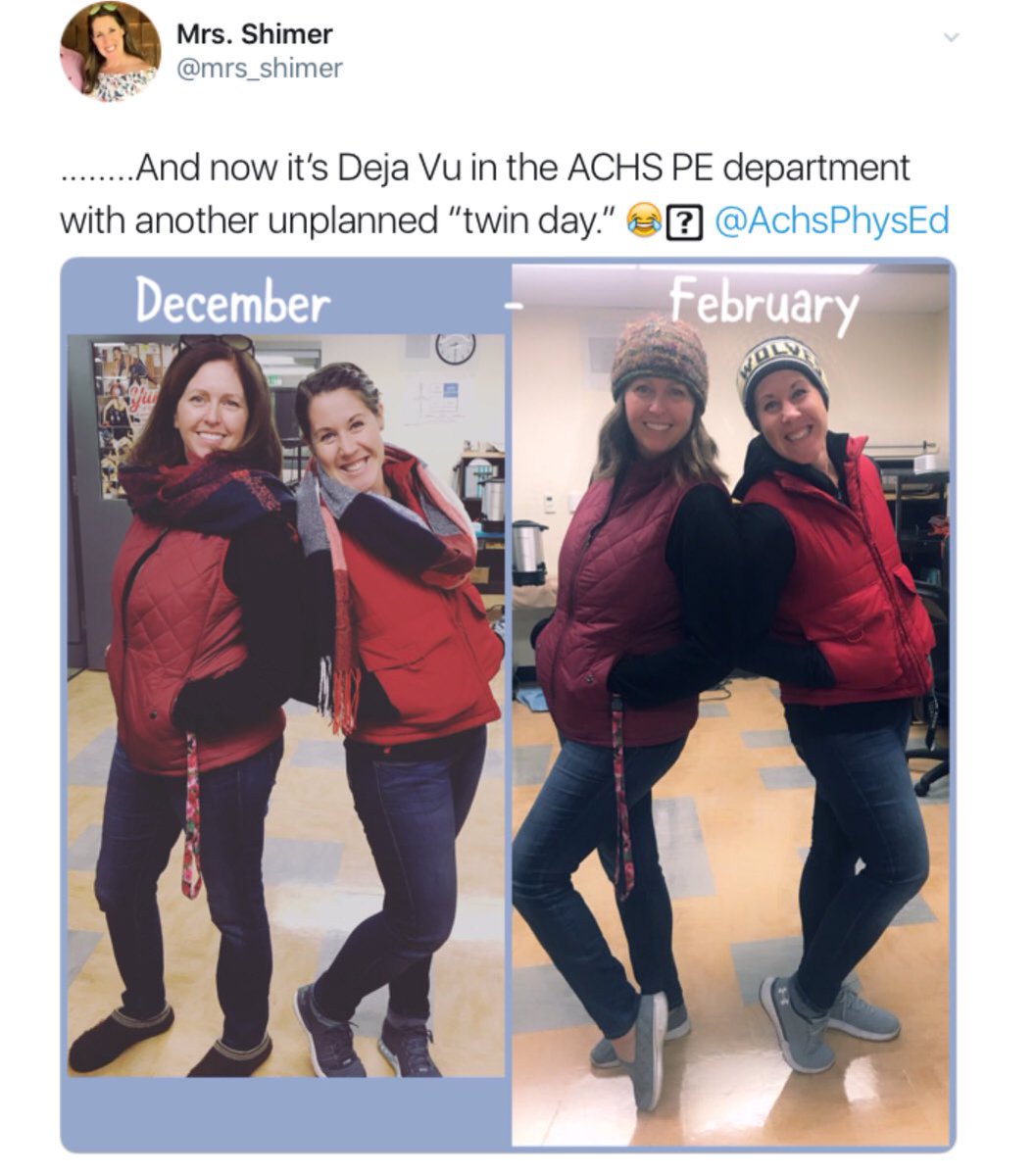 AchsPhysEd's tweet photo. @achsleadership Twin Tuesday for #VirtualSpiritWeek with @mrs_shimer https://t.co/iz1nZTDiQ0