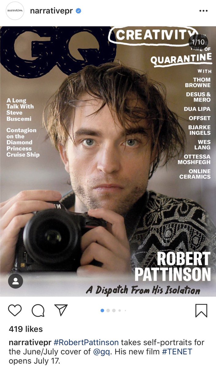 Monsieur_HJ's tweet photo. “ #RobertPattinson takes self-portraits for the June/July cover of GQ. His new film #TENET opens July 17” - Robs PR firm https://t.co/fYJ26HKDpg