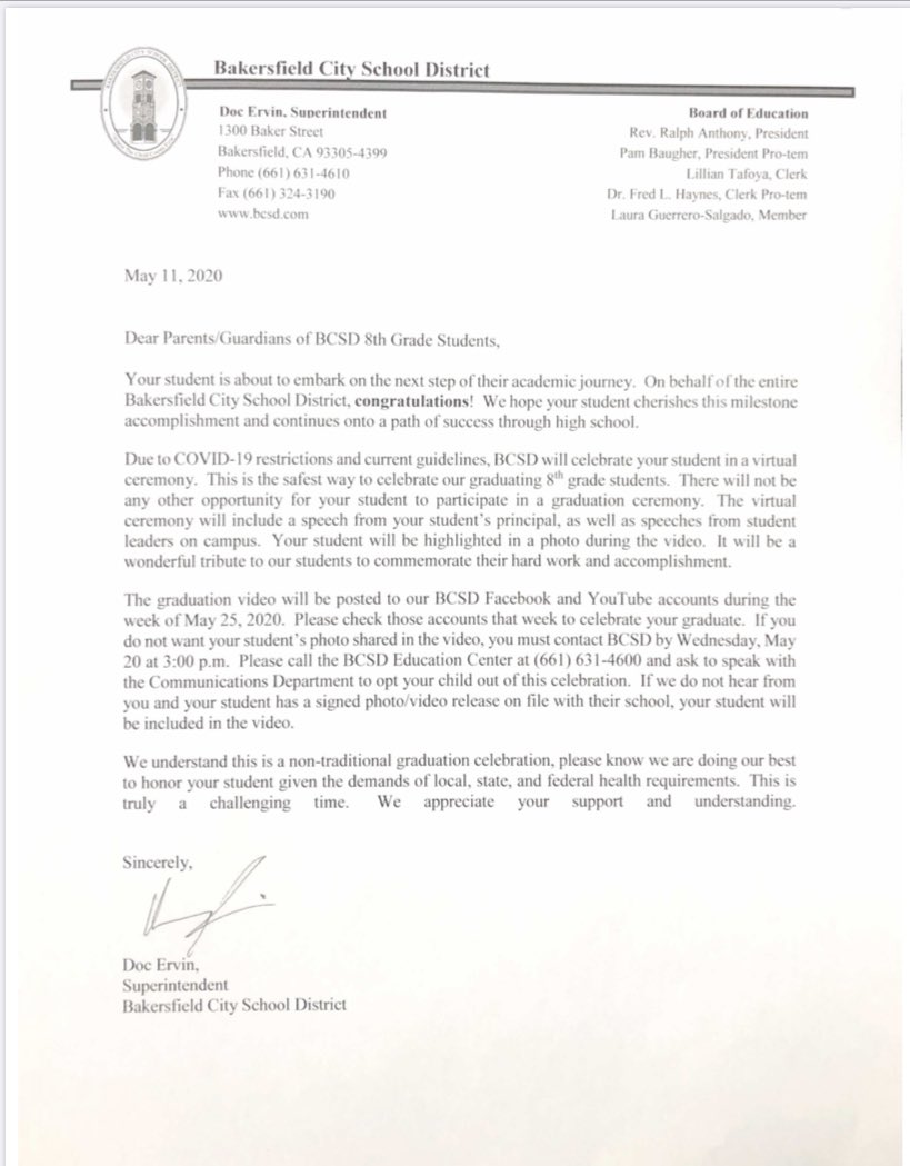Attention all 8th grade families: Below you will find the a letter from our superintendent in regards to graduation. #Bemighty #WeAreInThisTogether #teambcsd