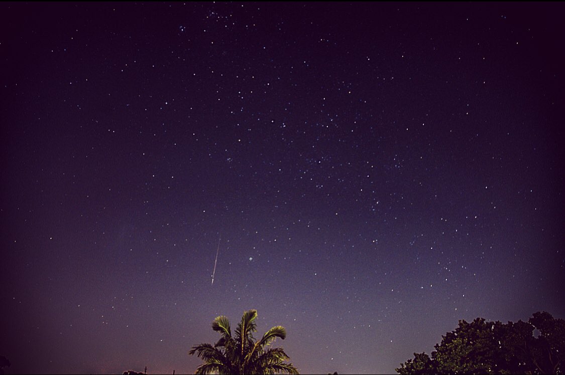 And lastly, I was processing some DSLR images I took last week when I found a shooting star! Just above the palm tree and diving into the light pollution, as the Milky Way pours into the horizon. If you look careful, you can see the Large Magellanic Cloud to its left. 7/8